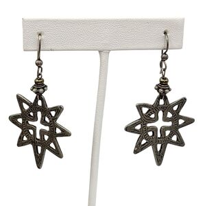 Vintage Star Earrings Celestial Drop Dangle Pierced Open Work Pewter Gray Silver